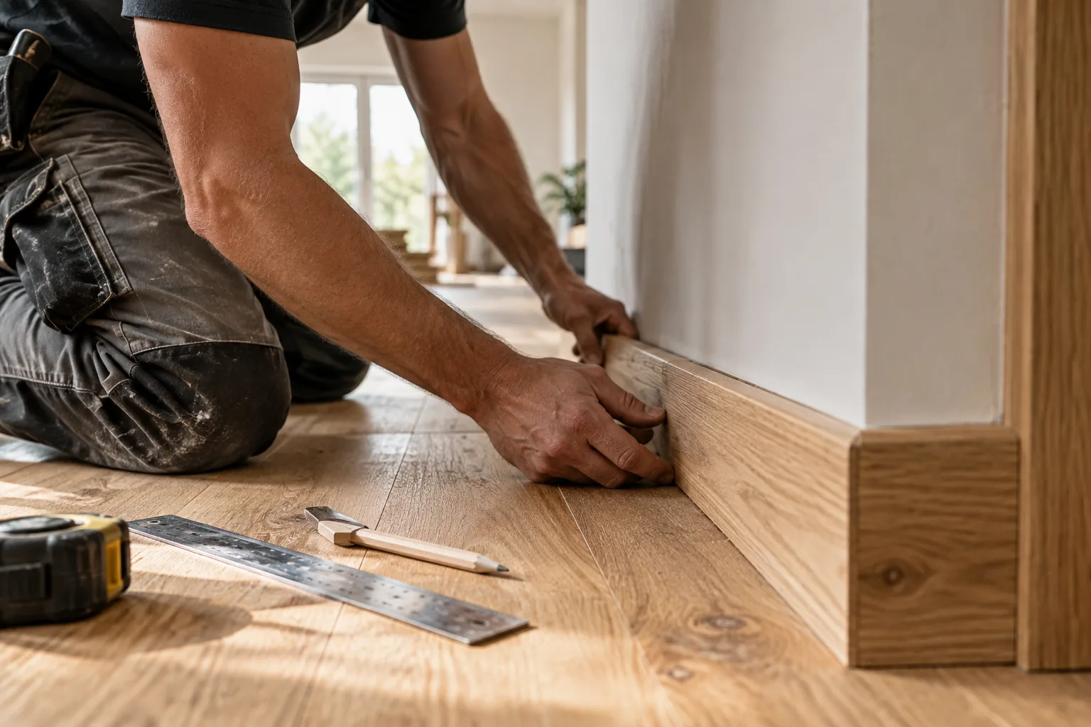 Nahaufnahme: Eine Sockelleiste wird an den fertig verlegten Holzboden angearbeitet – KI-generierte Illustration.
