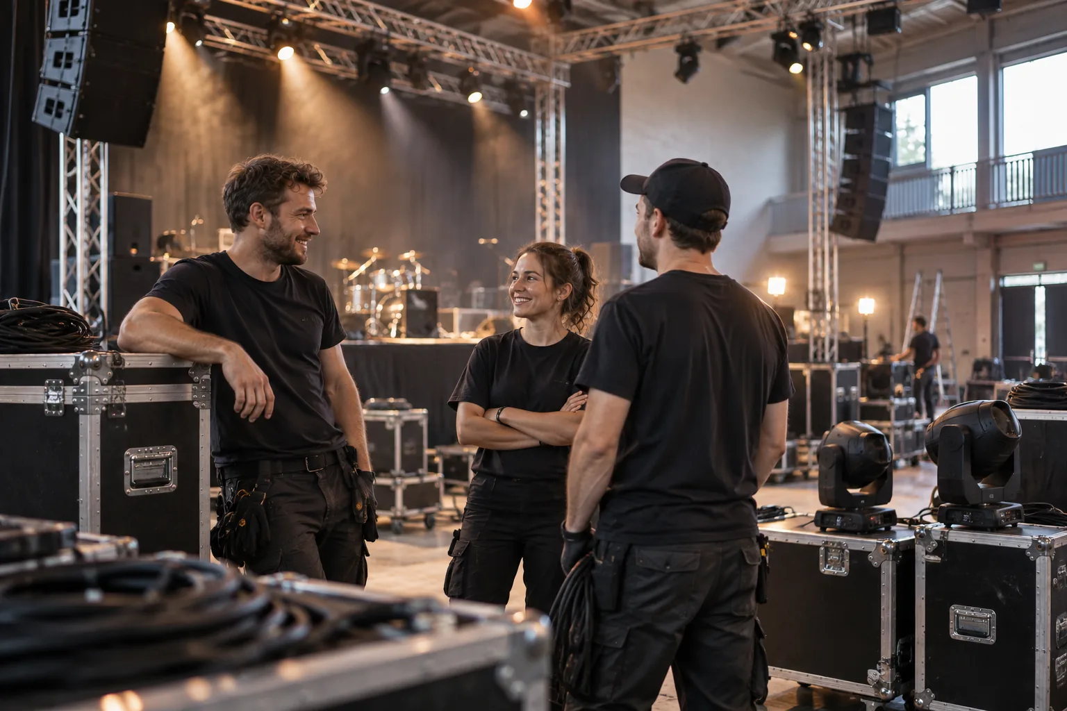 Ein Technikteam bespricht sich zwischen Flightcases in einer Halle, im Hintergrund steht bereits die Traversenkonstruktion – KI-generierte Illustration.