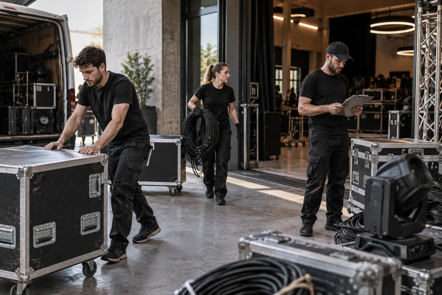 Load-in an der Halle: Das Team schiebt Flightcases vom Transporter in den Saal – KI-generierte Illustration.