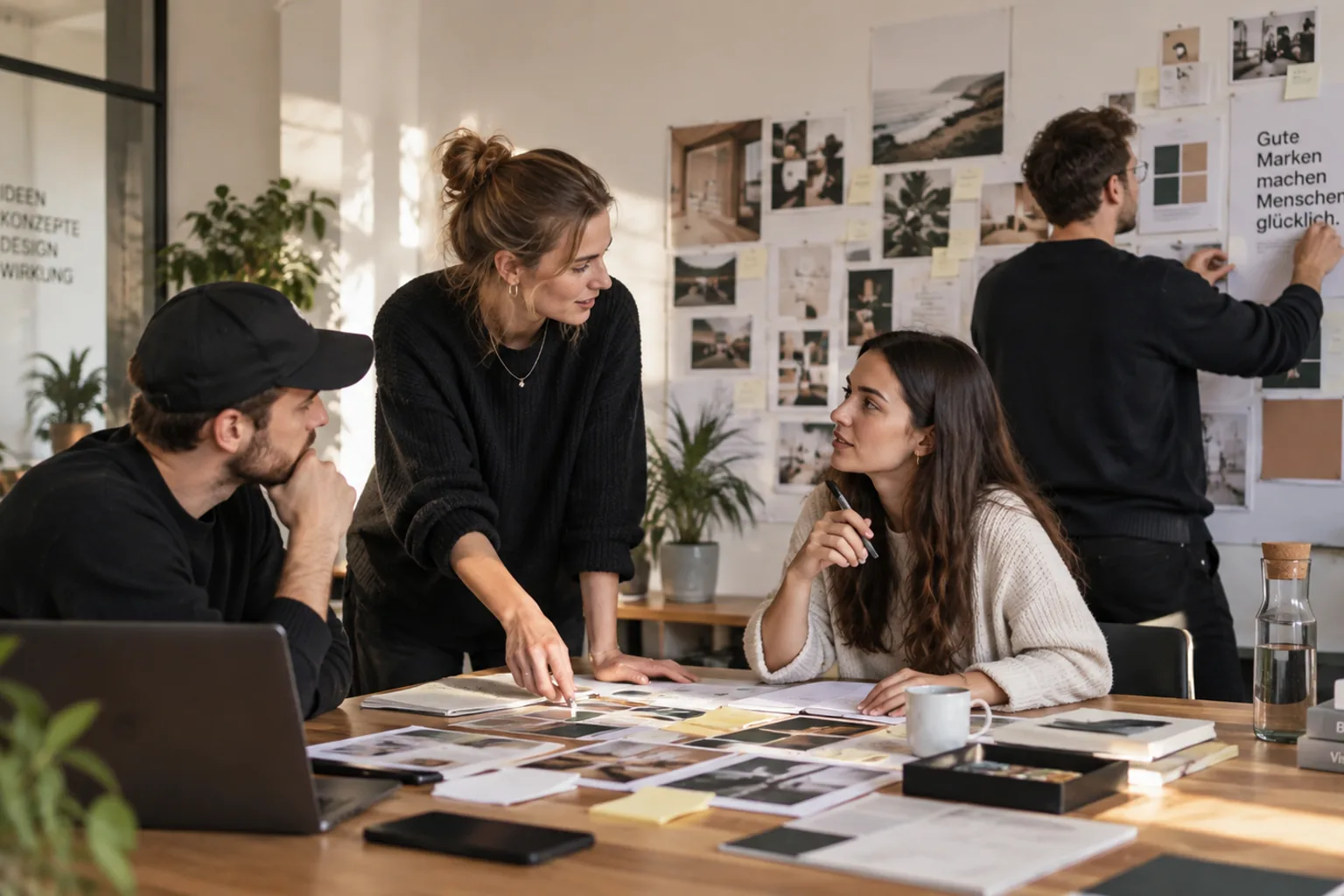 Studiowand voller gesammelter Vorlagen, Fotos und Notizzettel während der Bestandssichtung – KI-generierte Illustration.