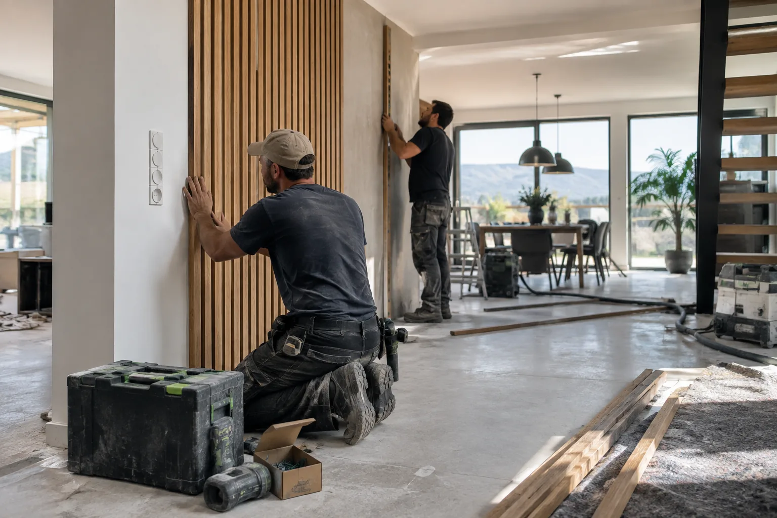 Zwei Handwerker montieren Eichenlamellen auf eine Unterkonstruktion an der Wand – KI-generierte Illustration.