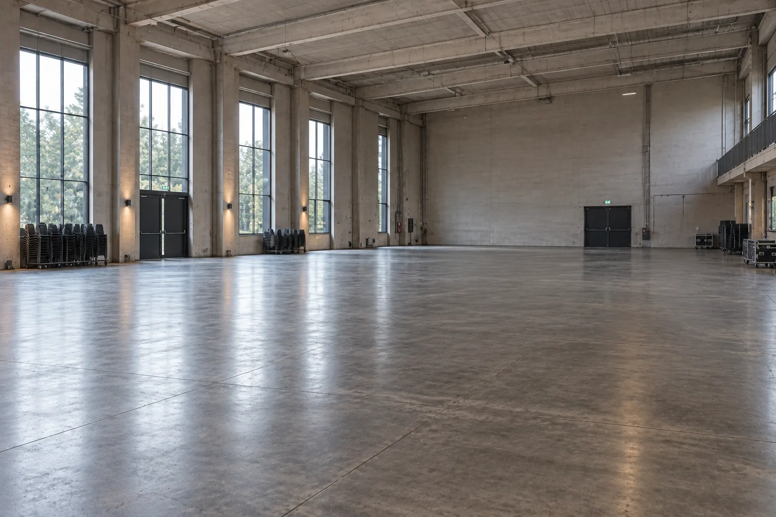 Leere Mehrzweckhalle vor dem Aufbau: Betonboden, Tageslicht durch hohe Fenster, gestapelte Stühle an der Wand – KI-generierte Illustration.